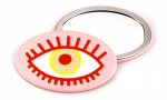 Miroir ovale 68x45mm avec pelliculage mat.
Visuel : 'Illustration d'un œil ouvert jaune et rouge sur fond rosé pâle'.